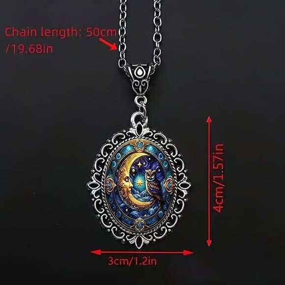 Silver CELESTIAL Sun Moon OWL Pendant Necklace - Picture 4 of 4